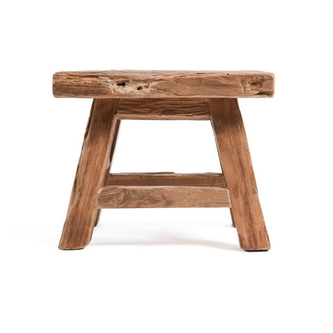 Wooden stool with a rustic design on a white background