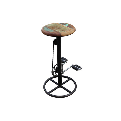 The Industrial Barstool Patina is a tall bar stool with a round reclaimed wood seat, black metal base, and unique bicycle pedals plus chain design, creating striking bicycle chain furniture that looks like a stationary bike.