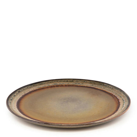 The Comporta Dinner Plate - L - Set of 4 features round ceramic plates in earthy brown and green tones with a slightly raised rim and subtle gradient pattern, highlighting artisanal craftsmanship against a plain white backdrop.
