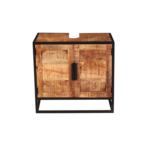 The Mango-Wood Sink Cabinet boasts a rectangular top cutout, two paneled doors, a black metal handle, and a sturdy black metal frame—an ideal choice for a stylish sink base in your bathroom.