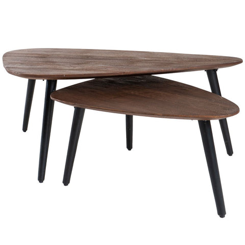 The Coffee Table Jamal – Set of 2 features overlapping, mid-century modern mango wood tables with dark, asymmetrical tops and black angled legs in a chic nesting design—ideal as contemporary accent furniture.