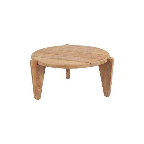 The Seseh Coffee Table - S - Outdoor is a round teak coffee table with three wide, angled legs and a natural wood finish, shown isolated on a white background.