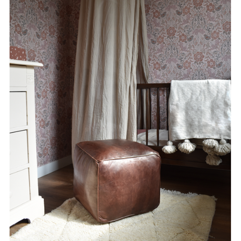 Leather Square Pouffe - Brown