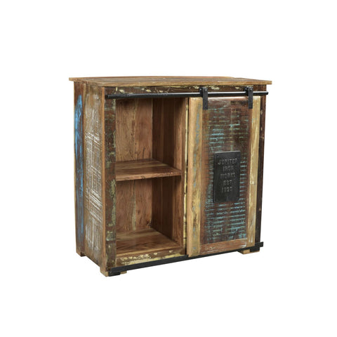 The Bread Cabinet Unique is a rustic, handcrafted wooden cabinet with a sliding metal door, two shelves, distressed multicolored recycled wood, and embossed text—ideal for adding colorful charm to your home decor.