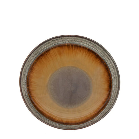 The Comporta Pasta Plate - L - Set of 4 features round ceramic plates with a gray center and wide brown-tan gradient borders. Viewed from above, their textured rims offer a rustic, handcrafted look that enhances your table setting.