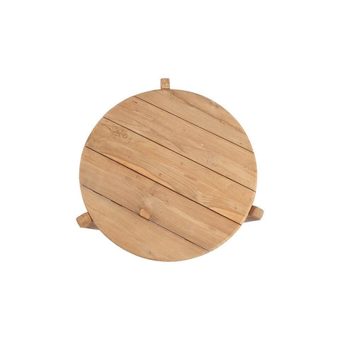 The Seseh Coffee Table - S - Outdoor features a round teak tabletop with visible wood grain and diagonal planks, photographed from above on a white background—ideal as a modern or stylish coffee table for any space.