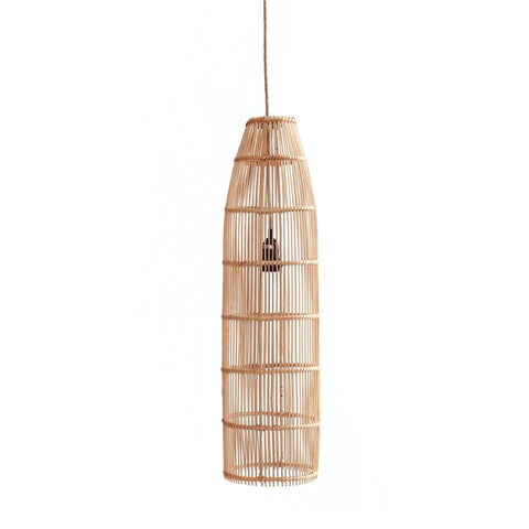 The Fish Trap Pendant - Natural - L features a tall, cylindrical rattan shade crafted from thin, natural bamboo slats with an exposed bulb, adding a warm boho touch to your living room when suspended by its cord.