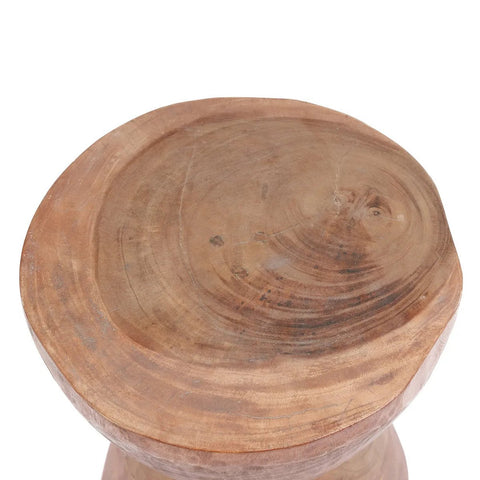 A close-up of The Kona Stool - Natural showcases its Indonesian suar wood top, revealing the unique natural grain and a subtly uneven, rustic surface.