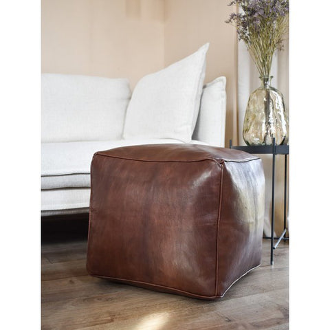 Leather Square Pouffe - Brown