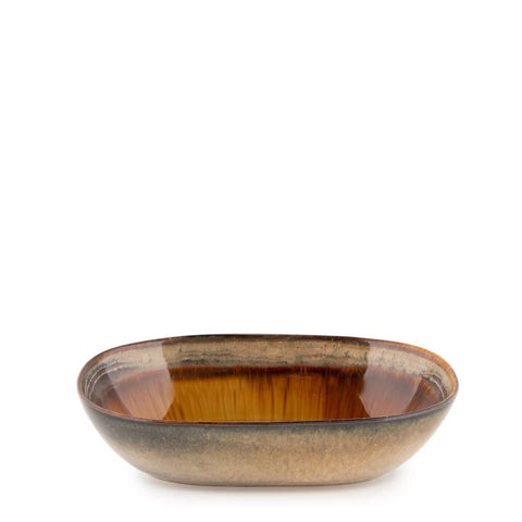 A shallow, rectangular ceramic bowl with rounded edges, featuring a glossy brown and amber gradient glaze. This piece of handmade tableware sits on a white surface with a plain white background.