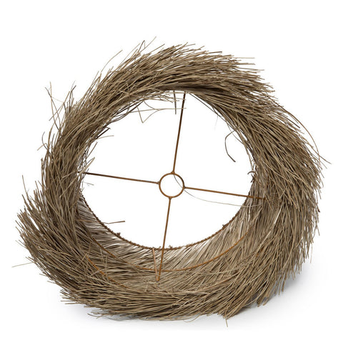 The Pandan Table Lamp Shade - Natural features dry, light brown twigs woven around a metal wire frame with four spokes and a central ring, creating a circular, nature-inspired look against a white background.