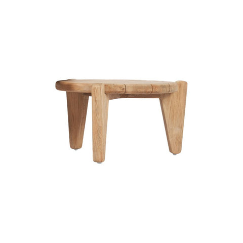 The Seseh Coffee Table - S - Outdoor is a minimalist piece with three angled legs and a thick, rounded top, designed to enhance modern spaces. Shown against a plain white background.