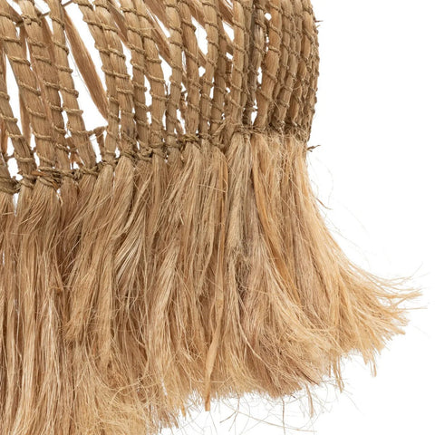 Close-up of light brown, woven rattan fibers with loose, frayed ends, resembling the edge of a straw mat or basket against a white background—perfect texture for a handcrafted pendant light.