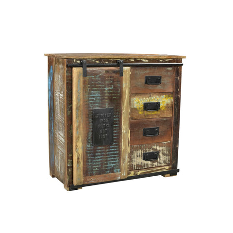 The Bread Cabinet Unique is a handcrafted rustic wooden cabinet with four drawers, a sliding barn-style door, distressed paint, metal accents, and embossed Jupiter Iron Works Est 1935—perfect for colorful home decor.