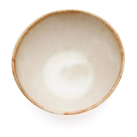 A plain, round, ceramic bowl with a light beige interior and a slightly darker, brownish rim, crafted from Portuguese ceramics and photographed from above on a white background.