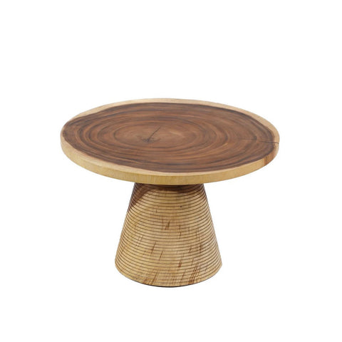 Wooden side table with a unique design on a white background