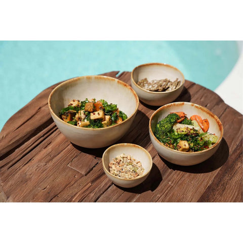 Four chip-proof Portuguese ceramics bowls on a wooden surface, two filled with vibrant salads of vegetables and tofu, and two with seeds or grains, set against a blurred blue pool background.