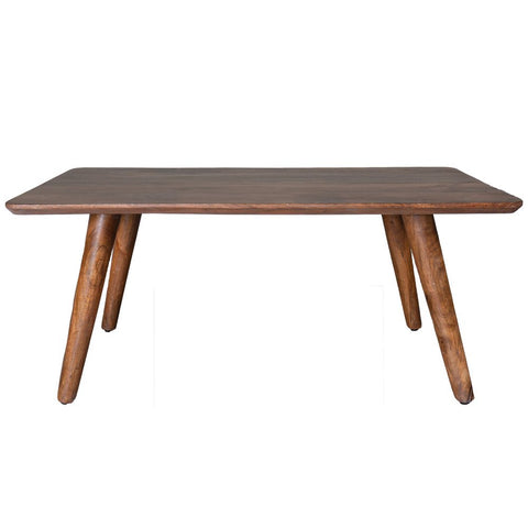 The Coffee Table James Brown 110 x 60 cm features a rectangular shape with rounded edges, four angled tapered legs, and a natural wood finish—an ideal modern centerpiece for any contemporary space.