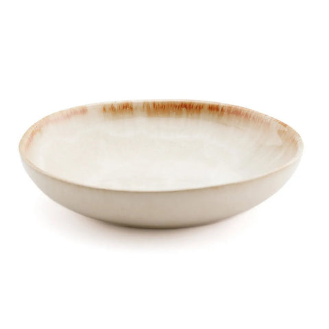 A shallow, round ceramic plate with a light beige color and a slightly uneven, rustic rim featuring a subtle brownish tint. This piece of handmade tableware showcases the charm of Portuguese ceramics, photographed on a white background.