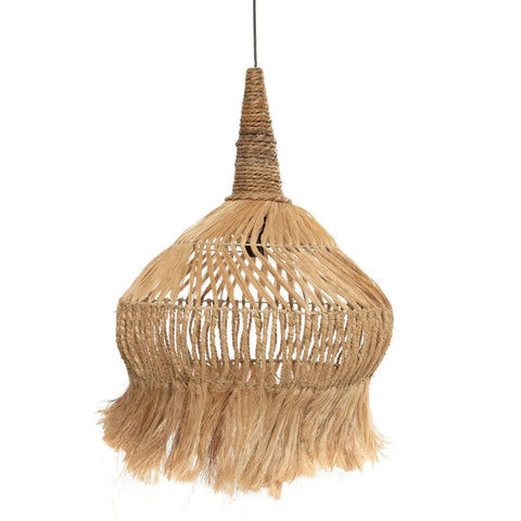 A woven rattan pendant light with a dome-shaped shade, crafted from natural rattan and abaca grass, features an open weave design and dangling fringes at the bottom, suspended by a single black cord.