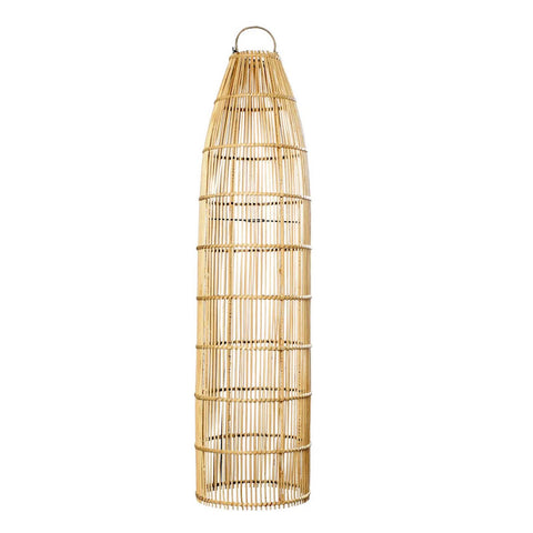 The Fish Trap Pendant - Natural - L is a tall, cylindrical wicker basket with an open weave and rounded top handle—ideal as unique living room decor or repurposed as a stylish boho lamp or rattan lampshade.
