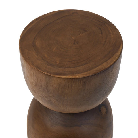 Wooden stool with a round top and cylindrical base on a white background