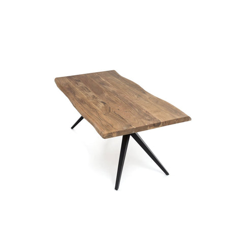 The Acacia Wood Table 160x85 cm features a rectangular solid acacia top with a natural, uneven edge and black metal legs splayed outward, shown against a white background.