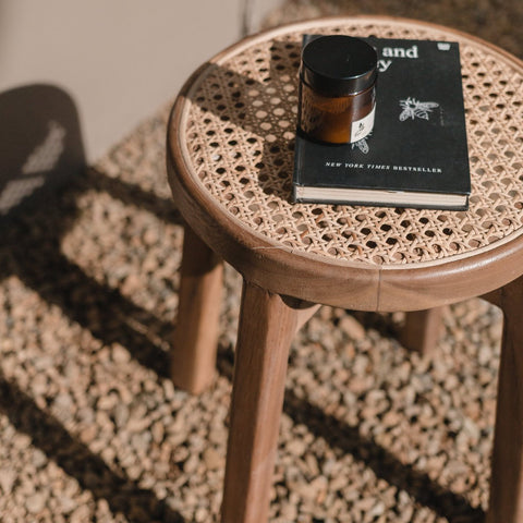 Wooden Stool, Trembesi & Woven Rattan