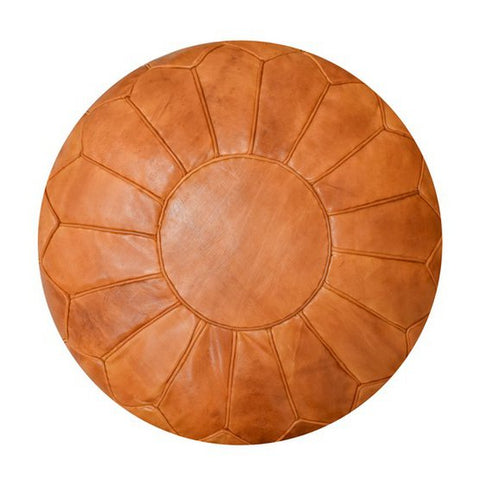 The Leather Pouffe - Cognac Brown XL features round, stitched panel segments radiating from the center, shown from above on a white background.