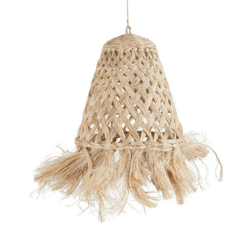 The Abaca Jelly Fish Pendant - Natural - S is a handmade coastal lamp, crafted from woven abaca fibers. It features a cone shape, open lattice pattern, and fringed tassels along the bottom edge.