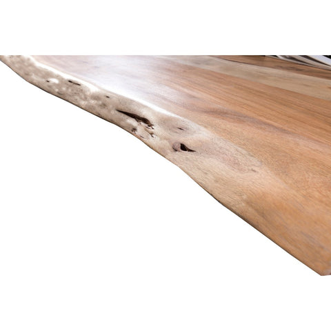 A close-up of the Acacia Wood Table 160x85 cm highlights its solid acacia construction, natural live edge, and distinctive wood grain with unique textures along the lighter outer edge.