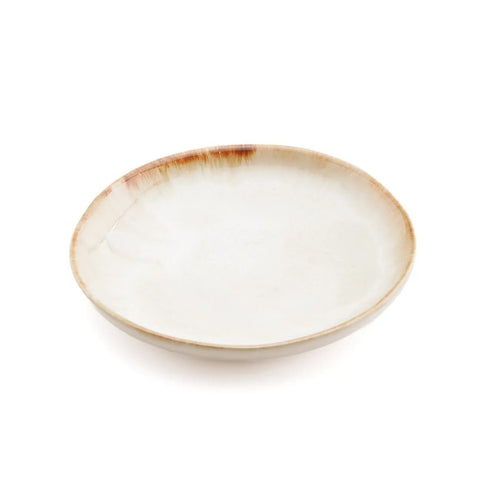 The Cascais Appetizer Plate - Set of 6 features shallow, round ceramic plates with a white glaze and subtle brownish rim, highlighting exquisite handmade craftsmanship against a plain white background.