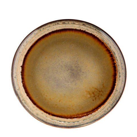The Comporta Dinner Plate - L - Set of 4 features round ceramic plates with a beige center, brown rim, and textured, speckled surface. The rustic edges evoke handcrafted Portuguese ceramics and are shown from above.