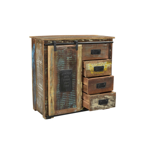 The Bread Cabinet Unique is a handcrafted piece made from recycled wood furniture, featuring four mismatched drawers, a sliding barn-style door, distressed paint, and industrial metal handles for colorful home decor.