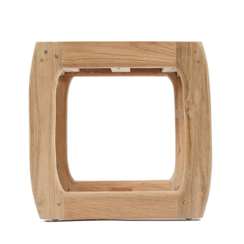 A square, hollow outdoor side table or versatile stool with rounded edges, made of natural light-colored reclaimed teak wood, shown against a white background.