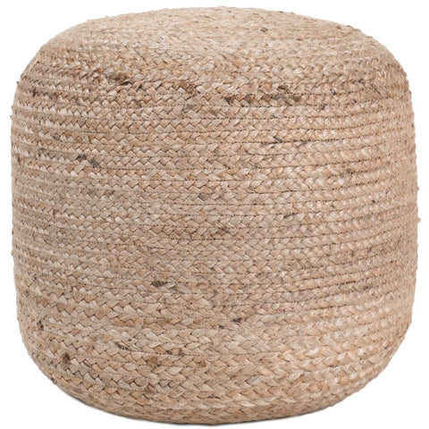 The Poof Anne is a round jute ottoman in light tan, featuring tightly woven natural fibers and a braided texture—ideal as a decorative pouf or boho footstool.