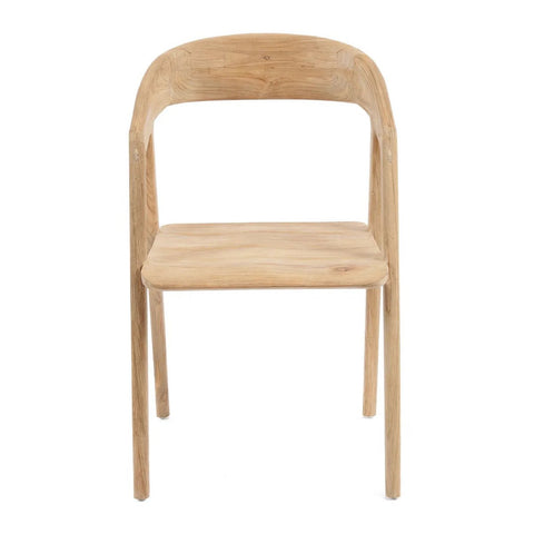 A simple, modern reclaimed teak dining chair with a curved backrest and four straight legs, shown from the front against a white background.