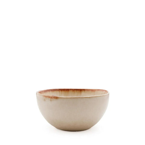 A simple ceramic bowl inspired by Portuguese ceramics, with a beige exterior and a slightly darker, reddish-brown rim, set against a plain white background.