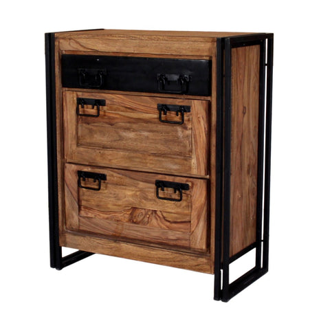The Shoe Cabinet Wood Black features a used-look wood finish and black metal frame in a factory style. It has three drawers with black metal handles; the top drawer is darker than the two lighter wood drawers below.