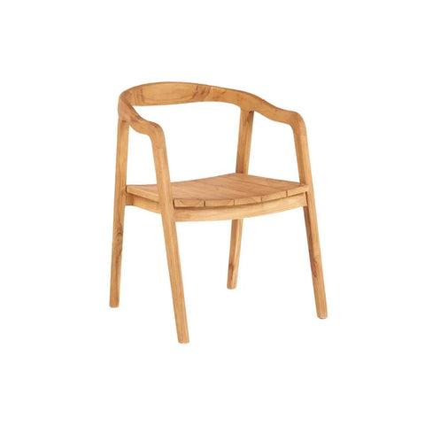 The Nihi Oka Dining Chair - Outdoor is a minimalist teak dining chair with a curved backrest, armrests, natural wood finish, and four straight legs. Its modern design is ideal for contemporary outdoor dining spaces.