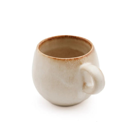 The Cascais Espresso Cup - S - Set of 6 features handmade ceramic cups with a rounded shape, smooth off-white glaze inspired by Portuguese ceramics, subtle brown-tinted rims, curved handles, and chip-proof build. Plain white background.