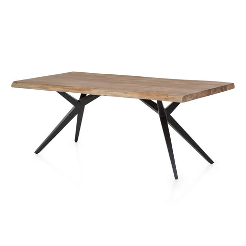 The Acacia Wood Table 160x85 cm features a natural acacia top with live edges and outward-splayed black metal legs, creating a modern industrial style.