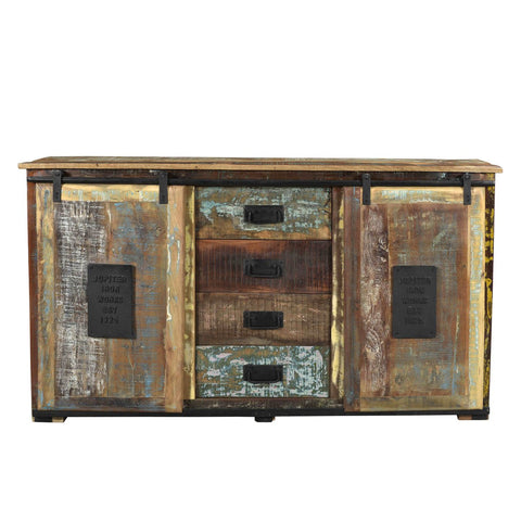 The Sideboard Cabinet Patina features a distressed finish, two sliding barn doors, four central drawers with black metal handles, and multicolored panels for a charming rustic recycled wood look.
