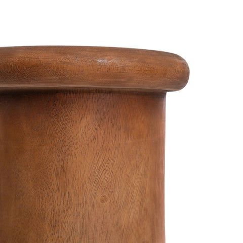Close-up of The Killa Stool - Natural showcases its smooth, rounded suar wood edge and warm brown grain—a perfect example of high quality side table craftsmanship against a white background.