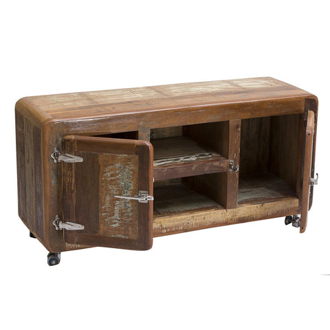 The Industrial Low Board Woodz is a rustic wood cabinet with a weathered finish, featuring two open doors, metal latches, internal shelves, and small wheels on the bottom corners.