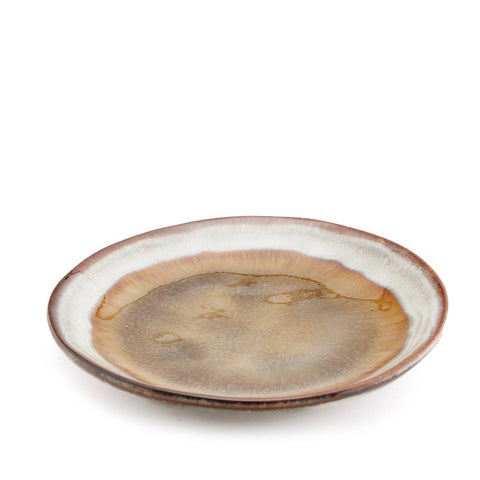 A ceramic plate with a brown and beige glazed center, a white ring near the rim, and a rustic, earthy appearance showcases the beauty of Portuguese ceramics, set against a plain white background.