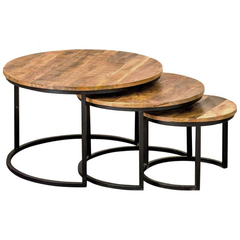 The Coffee Table Bart - Set of 3 features round nesting tables with mango wood tops and black metal frames, designed to nest in descending size for a stylish, industrial look.