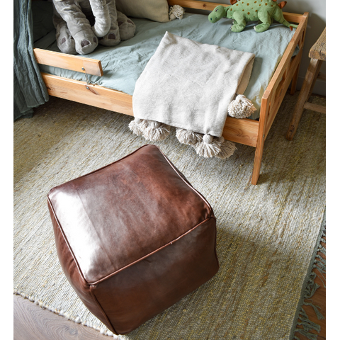 Leather Square Pouffe - Brown