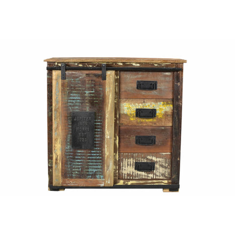 The Bread Cabinet Unique is a rustic wooden cabinet crafted from recycled wood, featuring a left sliding barn door, four right drawers, a distressed multicolored finish, and vintage industrial style—ideal for colorful home decor.