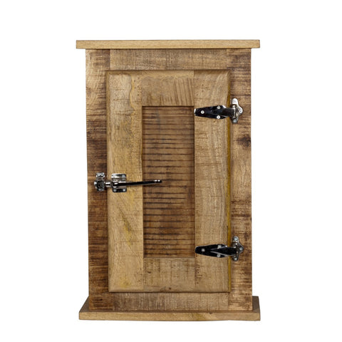The Mango Wood Wall Cupboard is a small, rustic cabinet with one door, metal hinges, and a latch closure—ideal as charming bathroom furniture. Photographed against a white background.